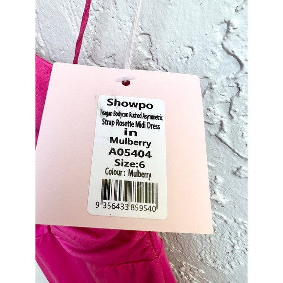 NWT Showpo Teagan Bodycon Ruched Asymmetric Strap Rosette Midi Dress Mulberry 2 - Picture 3 of 8